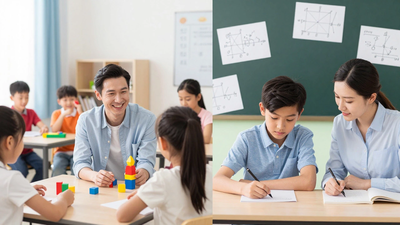 Split view of tutoring young children vs high school students in different settings