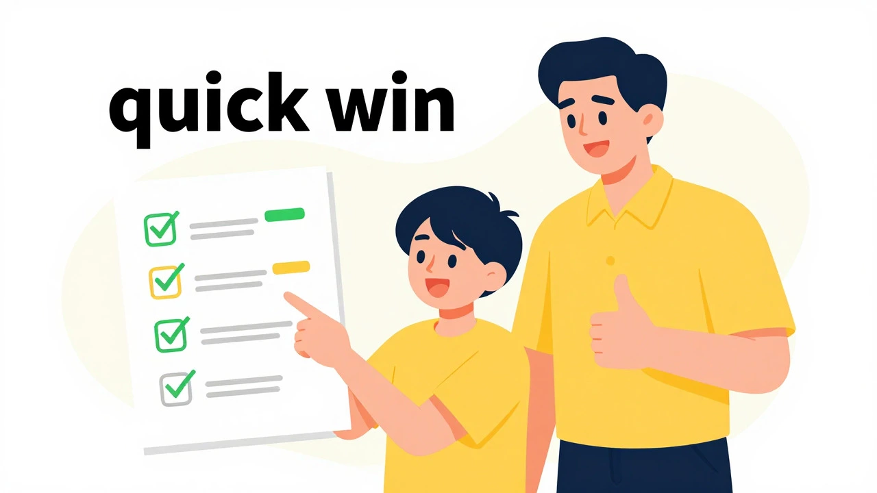 Student celebrating a quick academic win with an encouraging tutor nearby