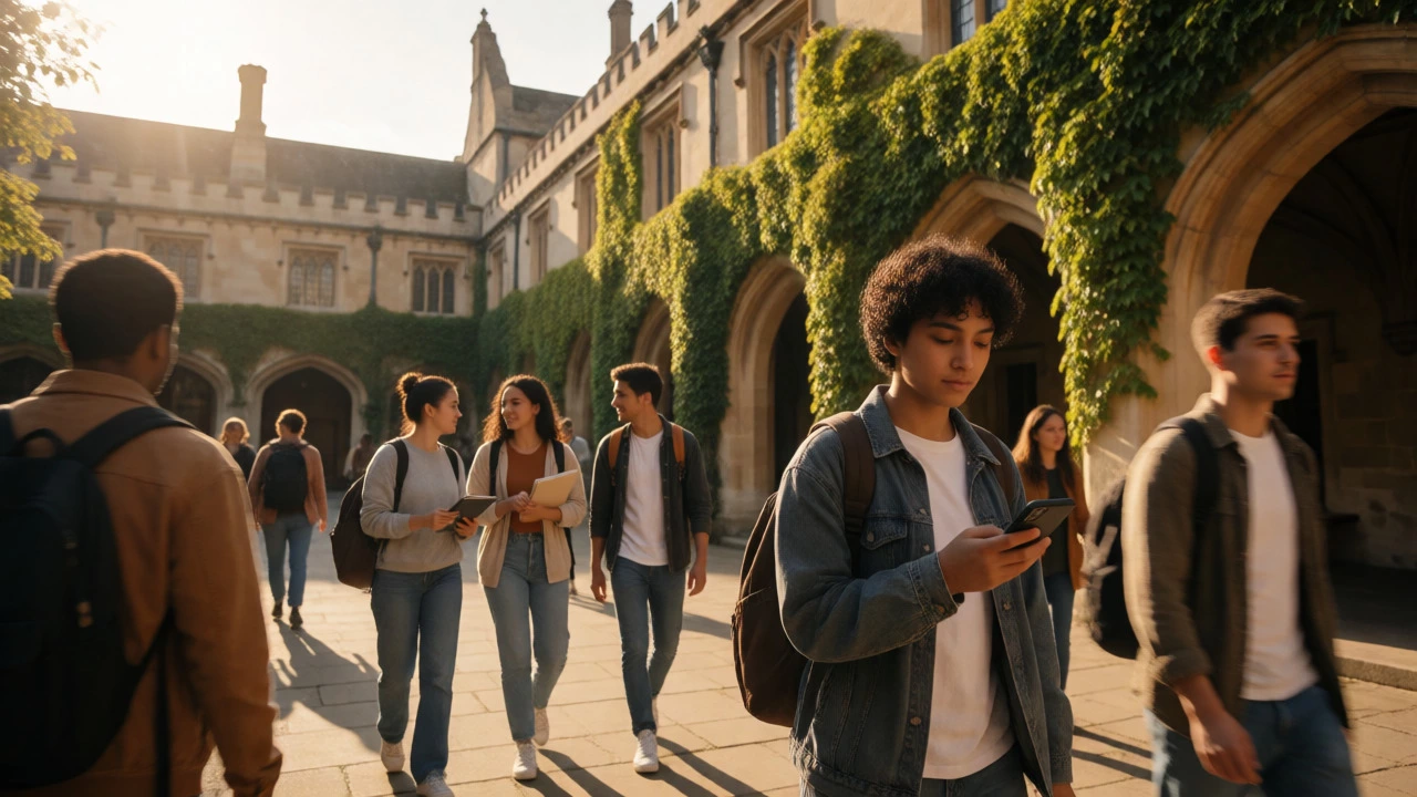 Students walking through a historic UK university campus at sunset