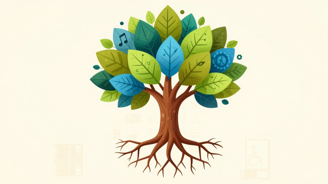 Tree with neural network roots and diverse leaves showing various talents