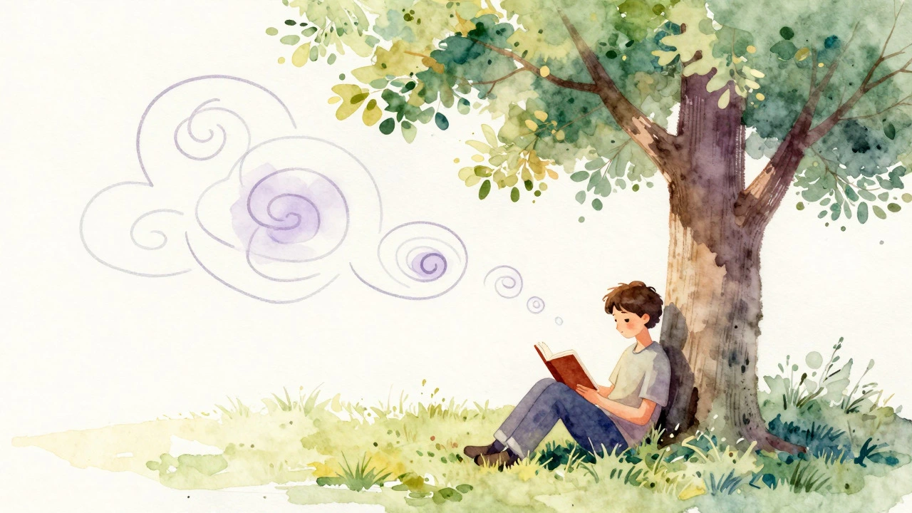 Watercolor of a student relaxing and reading in a park to reduce stress