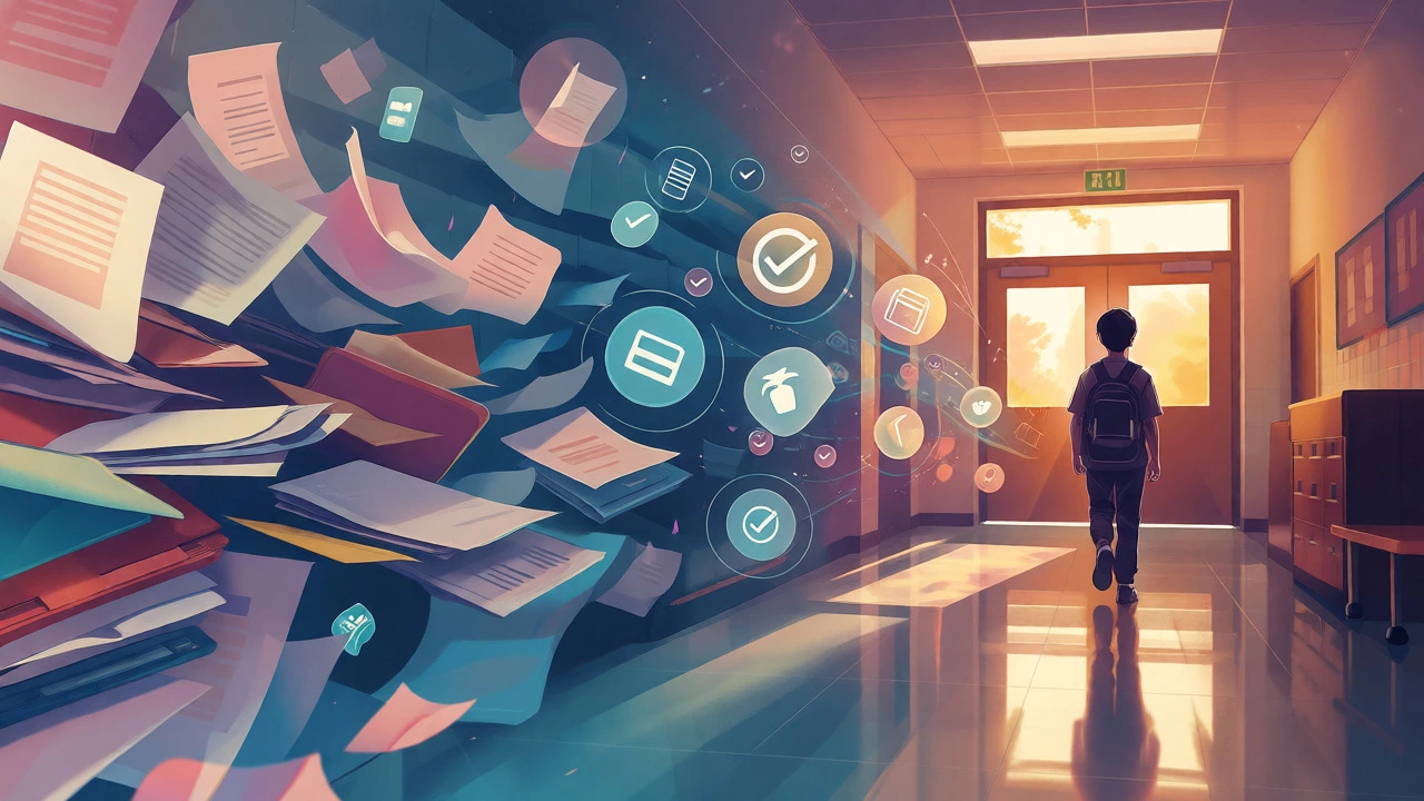 Abstract visual of documents transforming into a bright, welcoming school hallway.