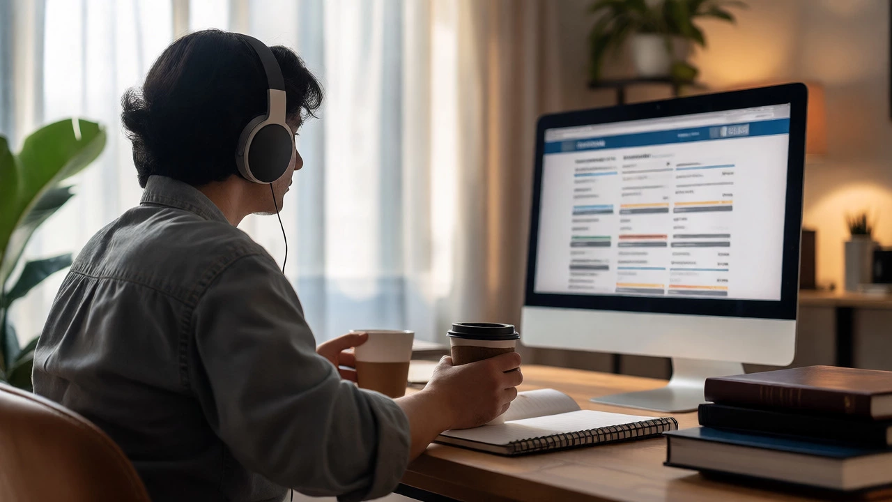 Adult learner focusing on an online course in a modern home office setting.