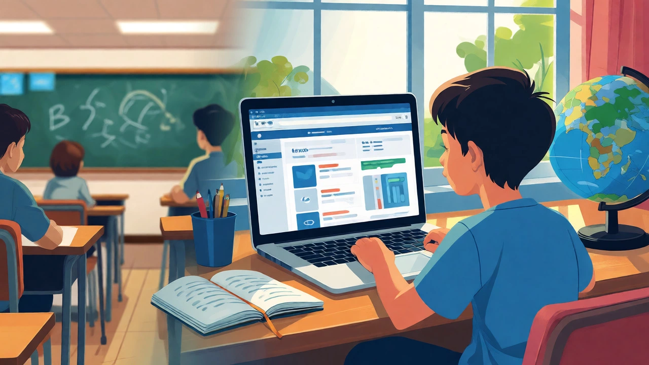 Child studying at home with online resources and books