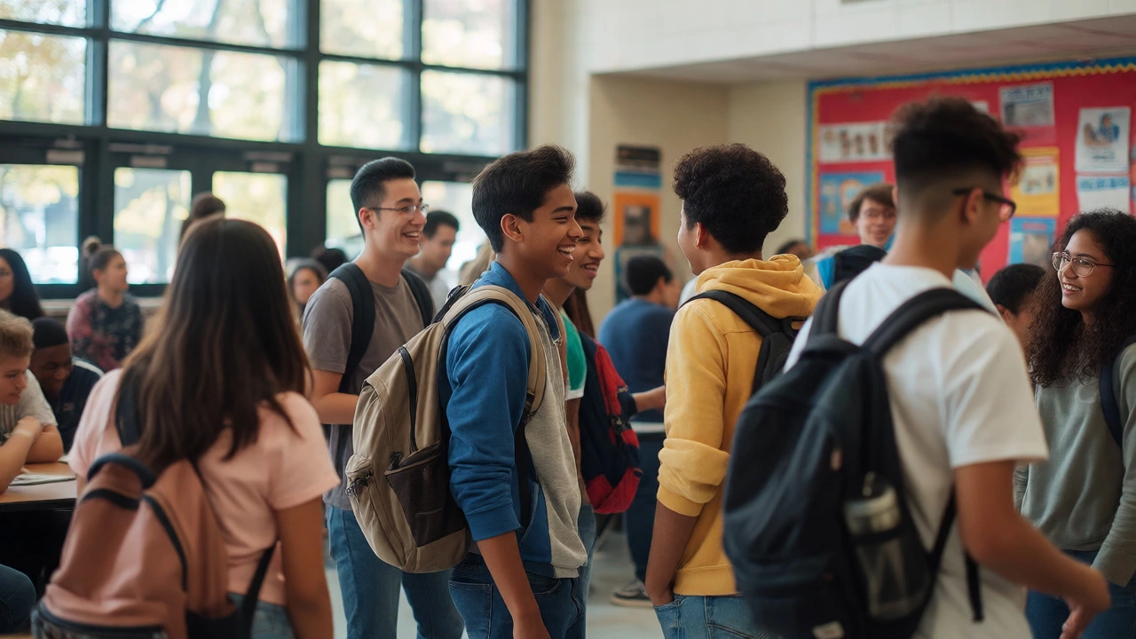 Diverse group of students interacting in a bright, busy school hallway.