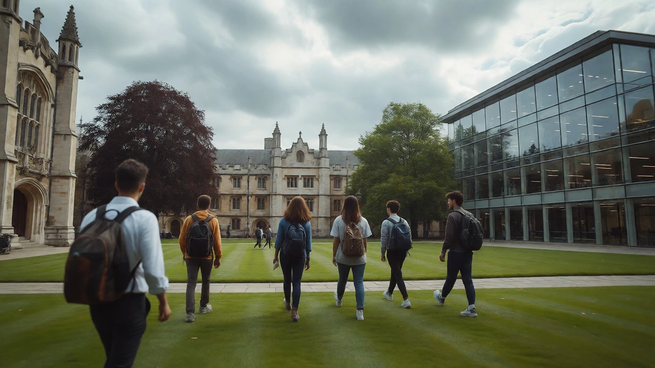 Diverse students walking confidently across a UK university campus