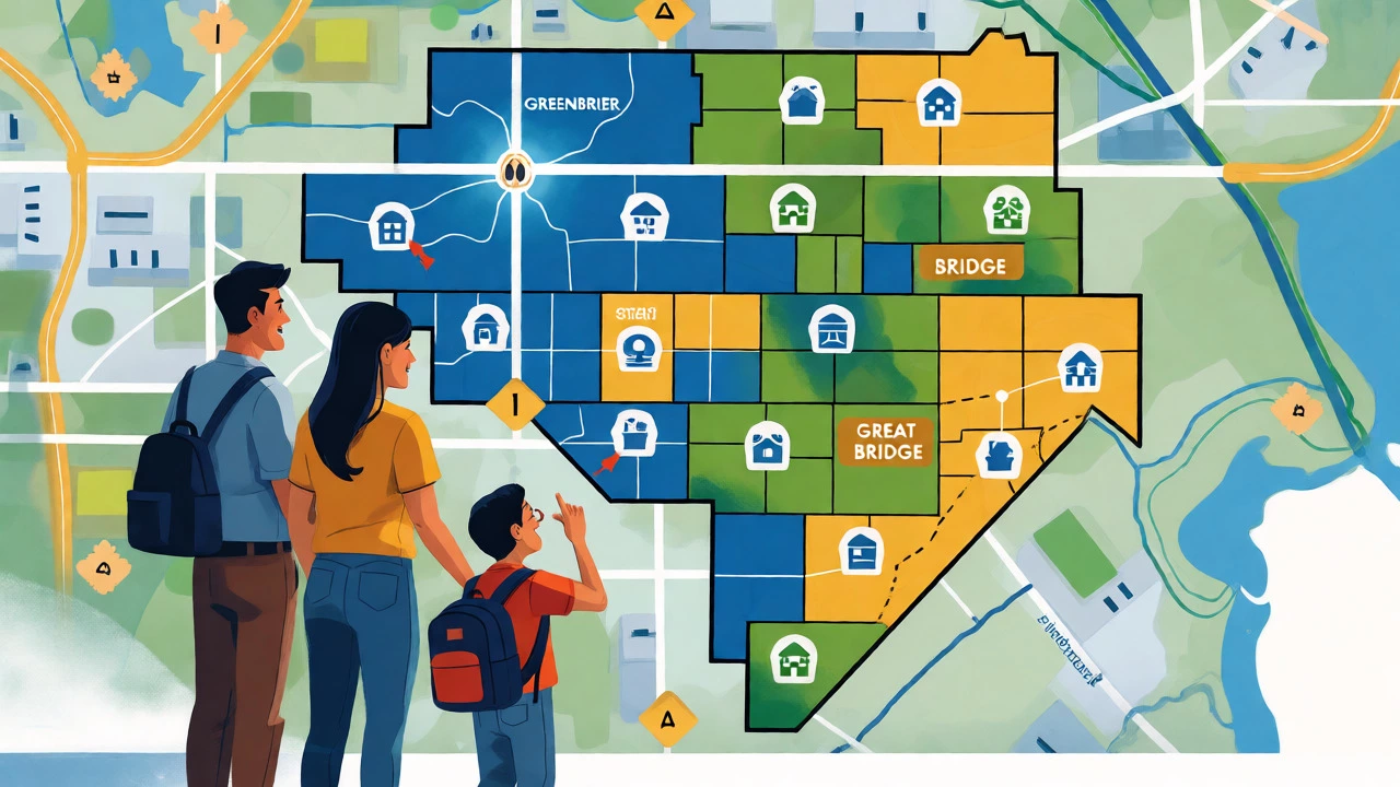 Family reviewing a colorful map of Chesapeake school attendance zones and boundaries.
