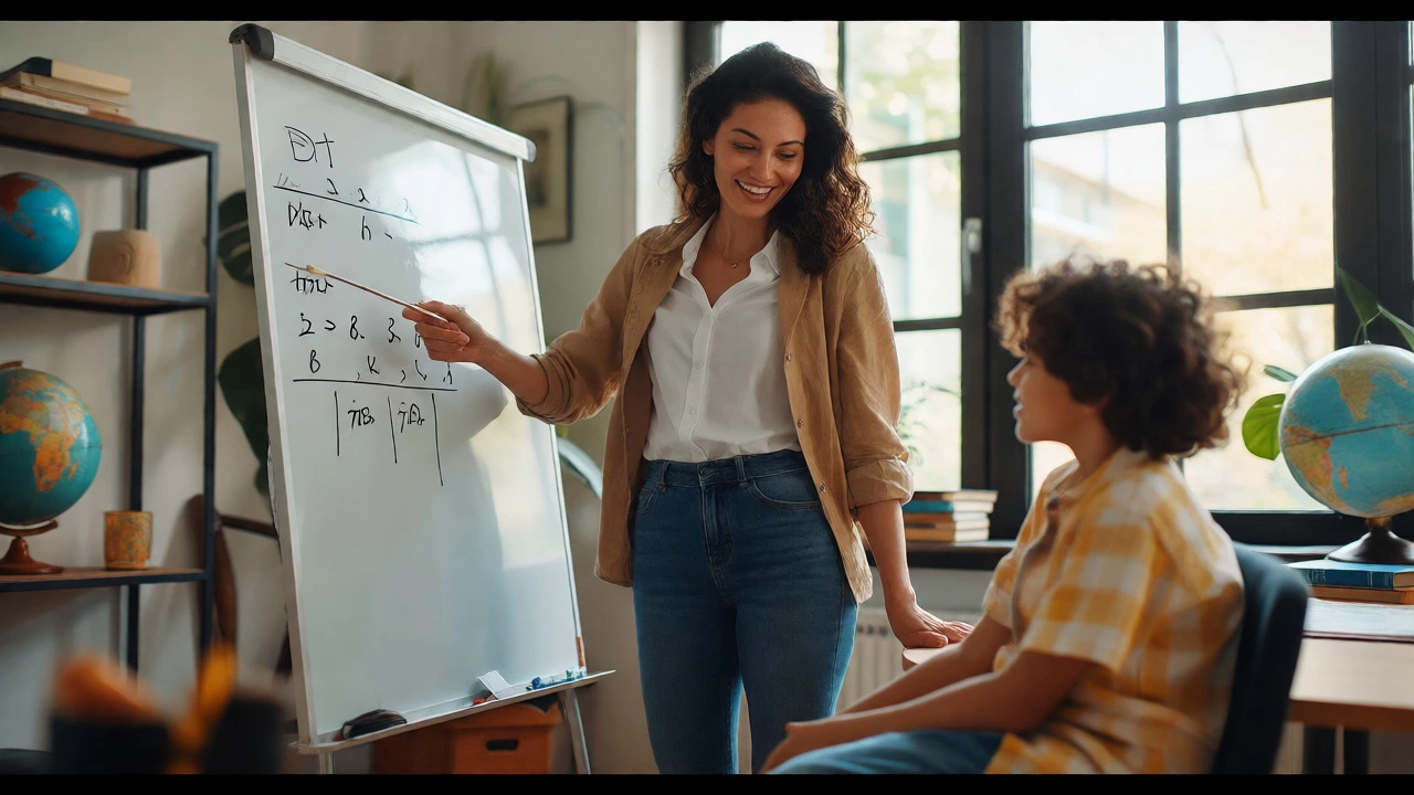 Female tutor helping a student with math in a bright, modern home office.