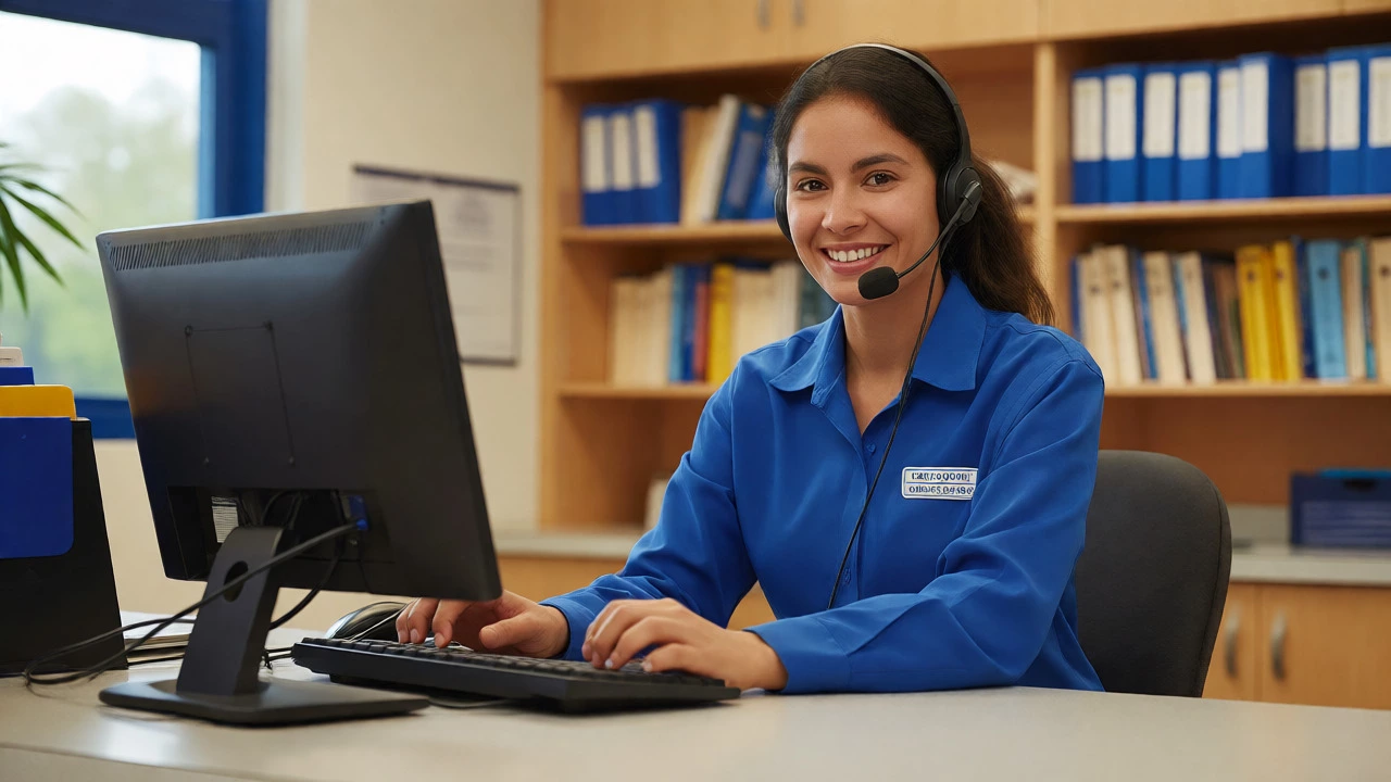 Friendly school admin assistant answering phones at front desk