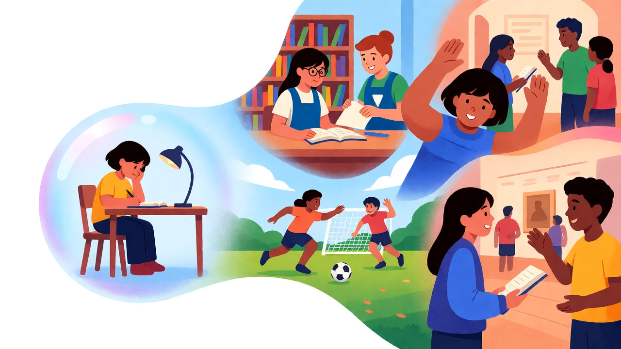 Homeschooled child transitioning from solitary study to diverse community engagement