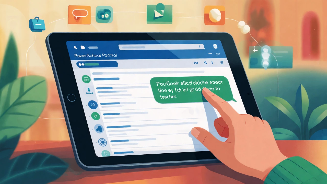 Parent using PowerSchool portal on tablet to message teacher