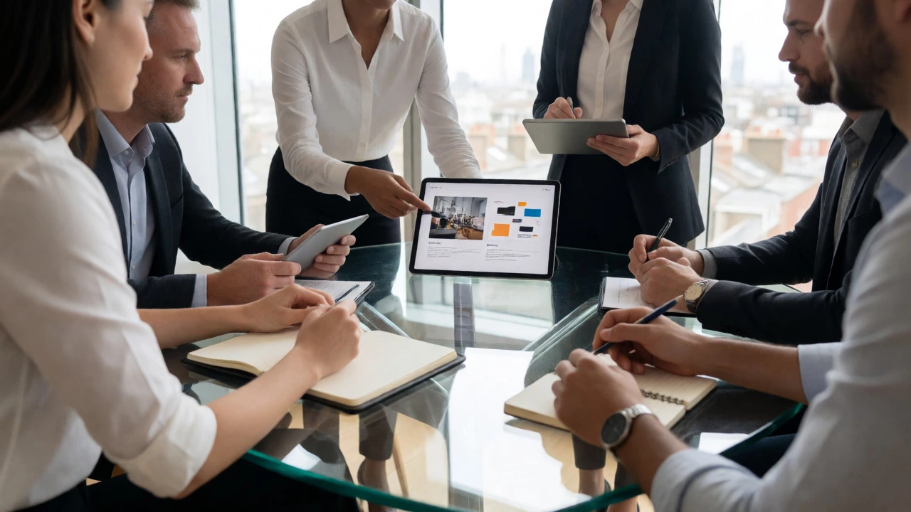 Professionals discussing skill-based portfolios in a modern office
