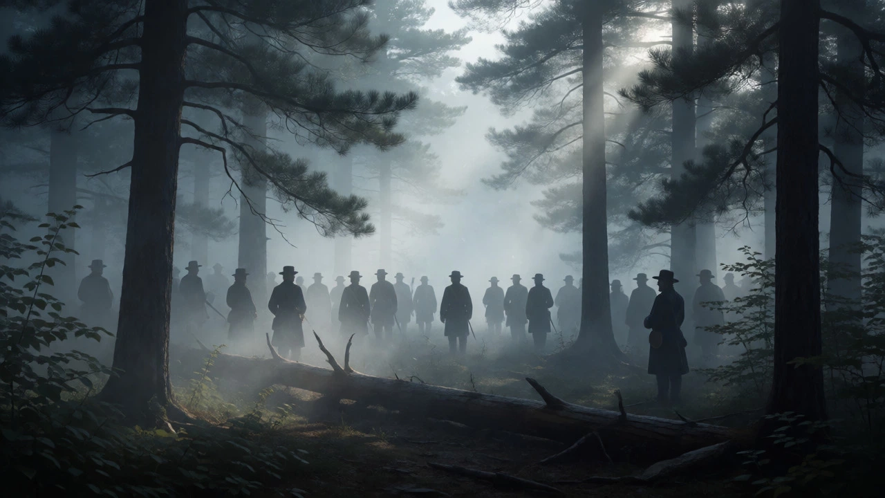 Silhouetted Civil War soldiers in a misty forest setting