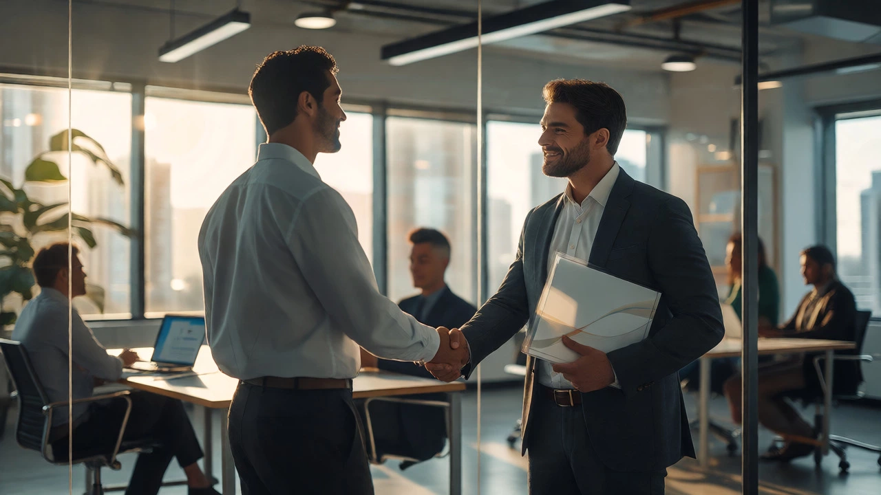Candidate shaking hands with hiring manager in a bright conference room