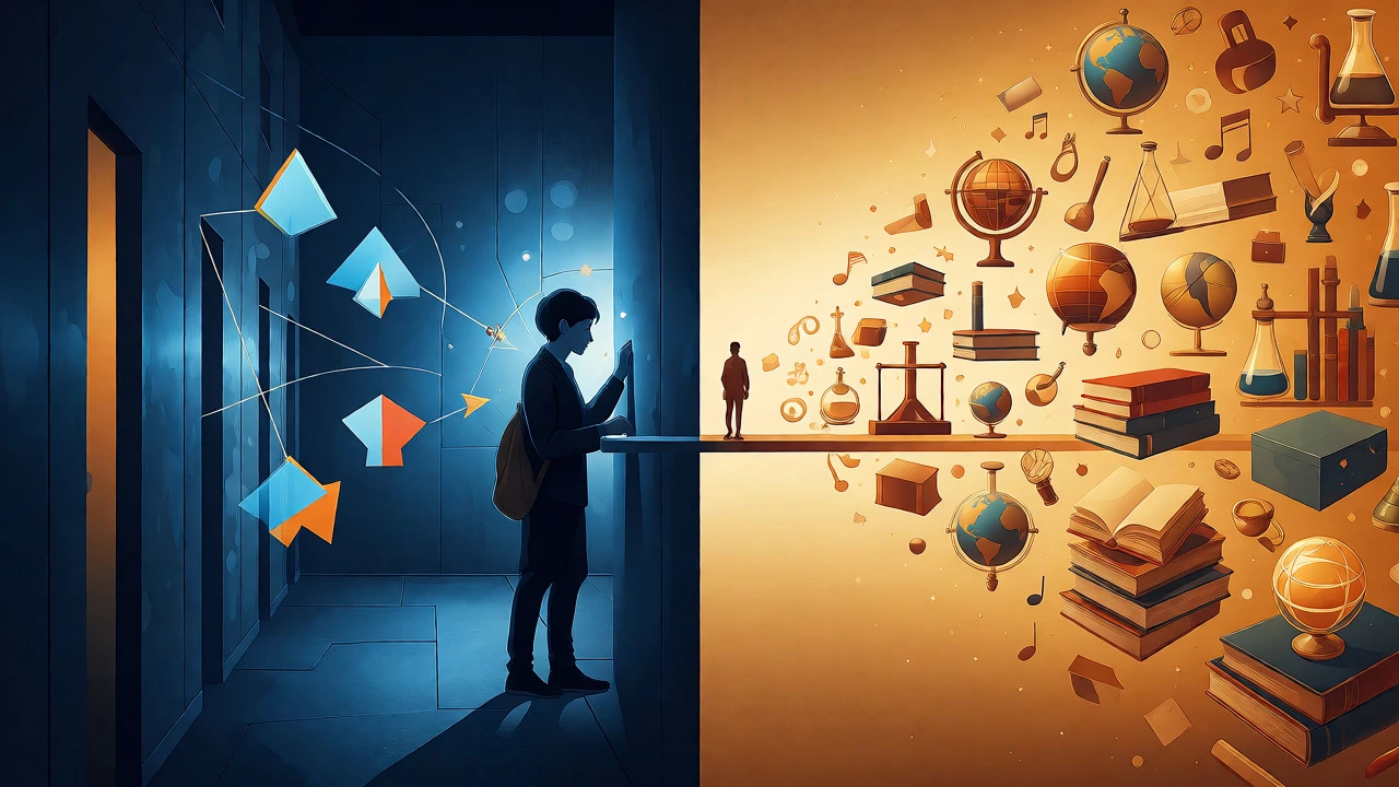 Conceptual art comparing specialized UK education with broad US liberal arts approach