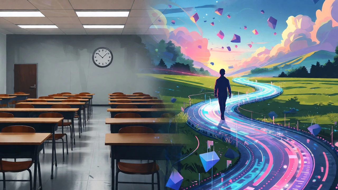 Conceptual art contrasting rigid traditional classrooms with flexible online learning paths.
