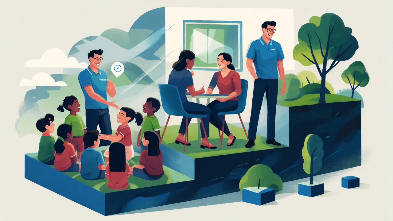 Conceptual illustration of an educator's career path from teaching to management.