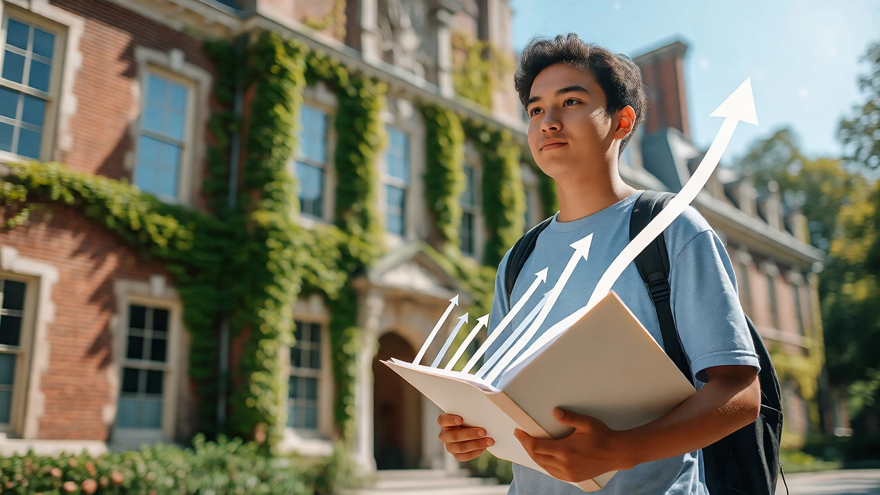 Confident student outside US university with rising trend graphics symbolizing growth