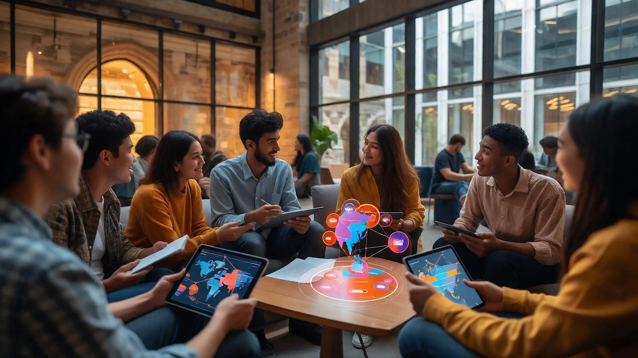 Diverse group discussing global university networks in a modern campus lounge.