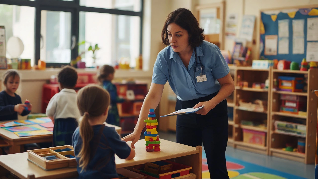 Early years educator observing and assessing a child's activity in a nursery.