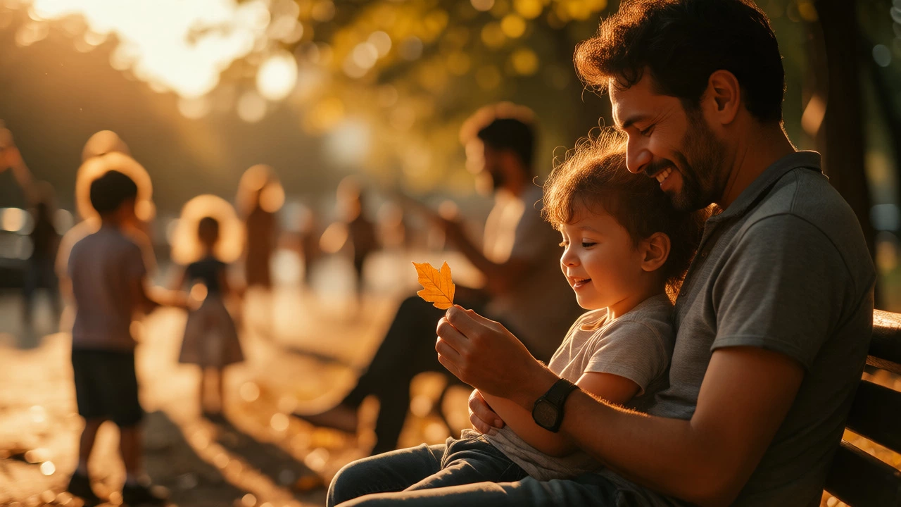 Father and child sharing a joyful, quiet moment together on a park bench.