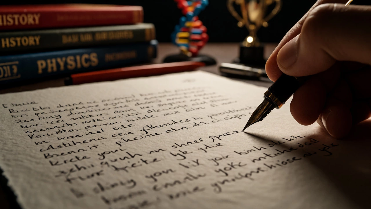 Hand writing college essay with study materials nearby