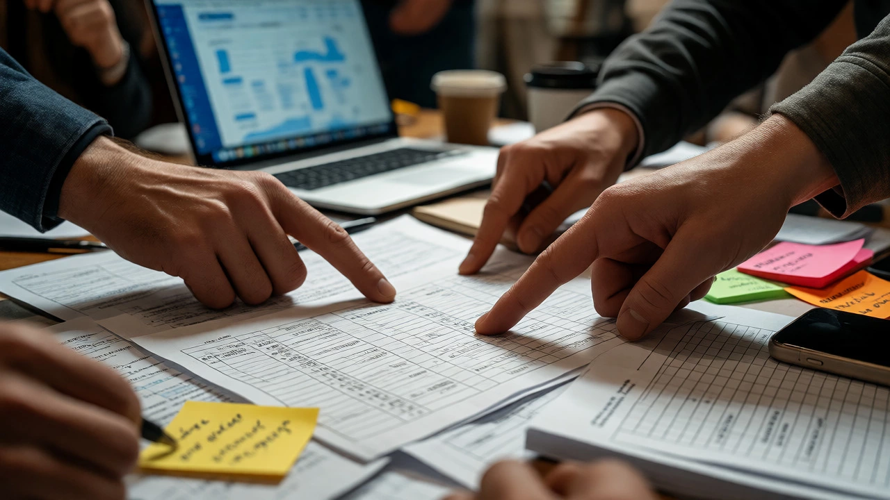 Hands collaborating over documents and laptops in a real-world work setting