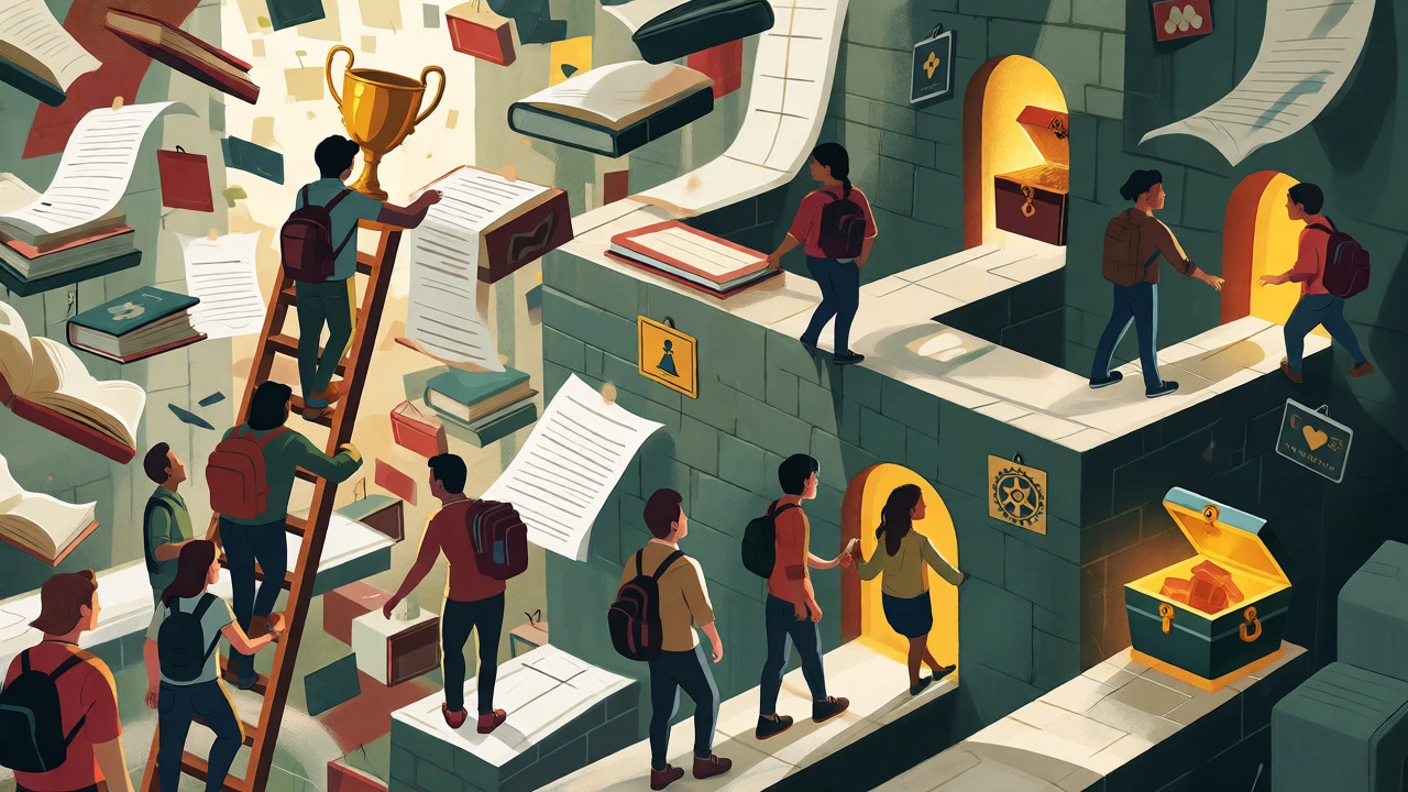 Illustration of students finding niche scholarship opportunities in a maze of books.