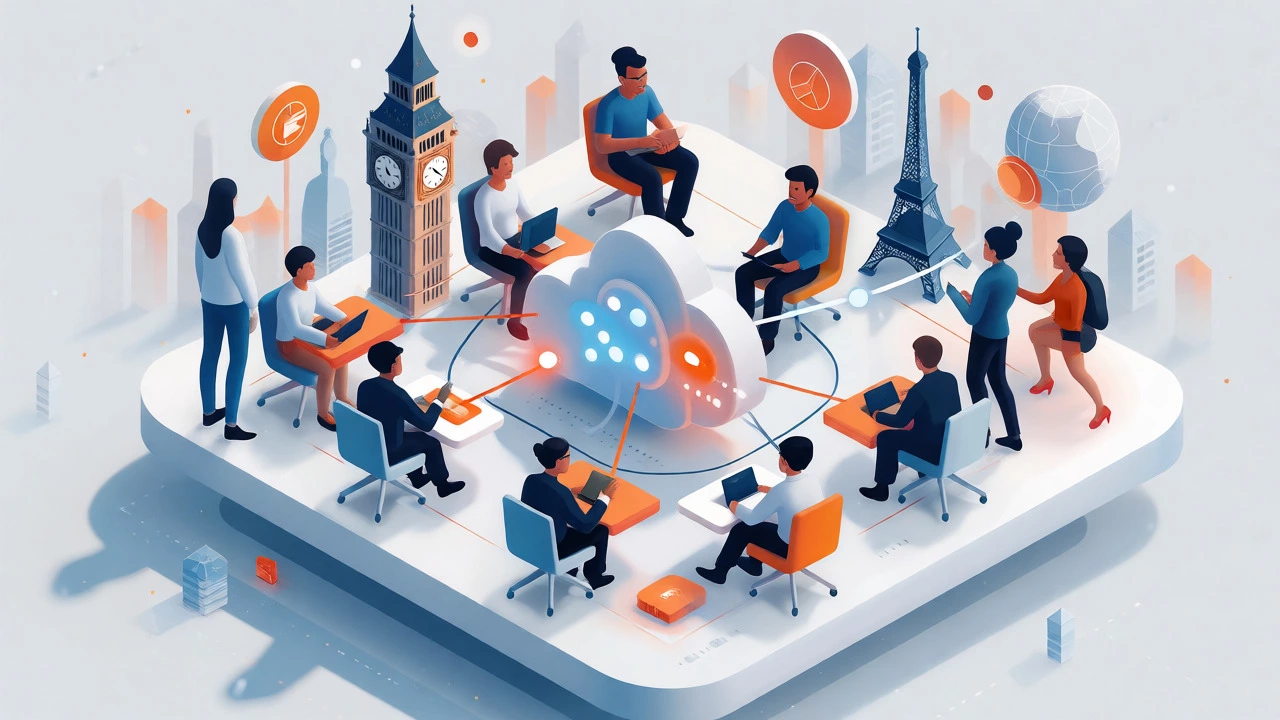 Isometric view of remote learners connecting globally through a digital cloud network.