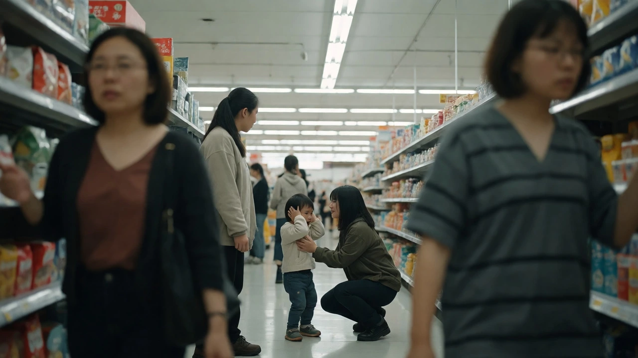 Parent comforting a child during a sensory meltdown in a busy grocery store aisle.