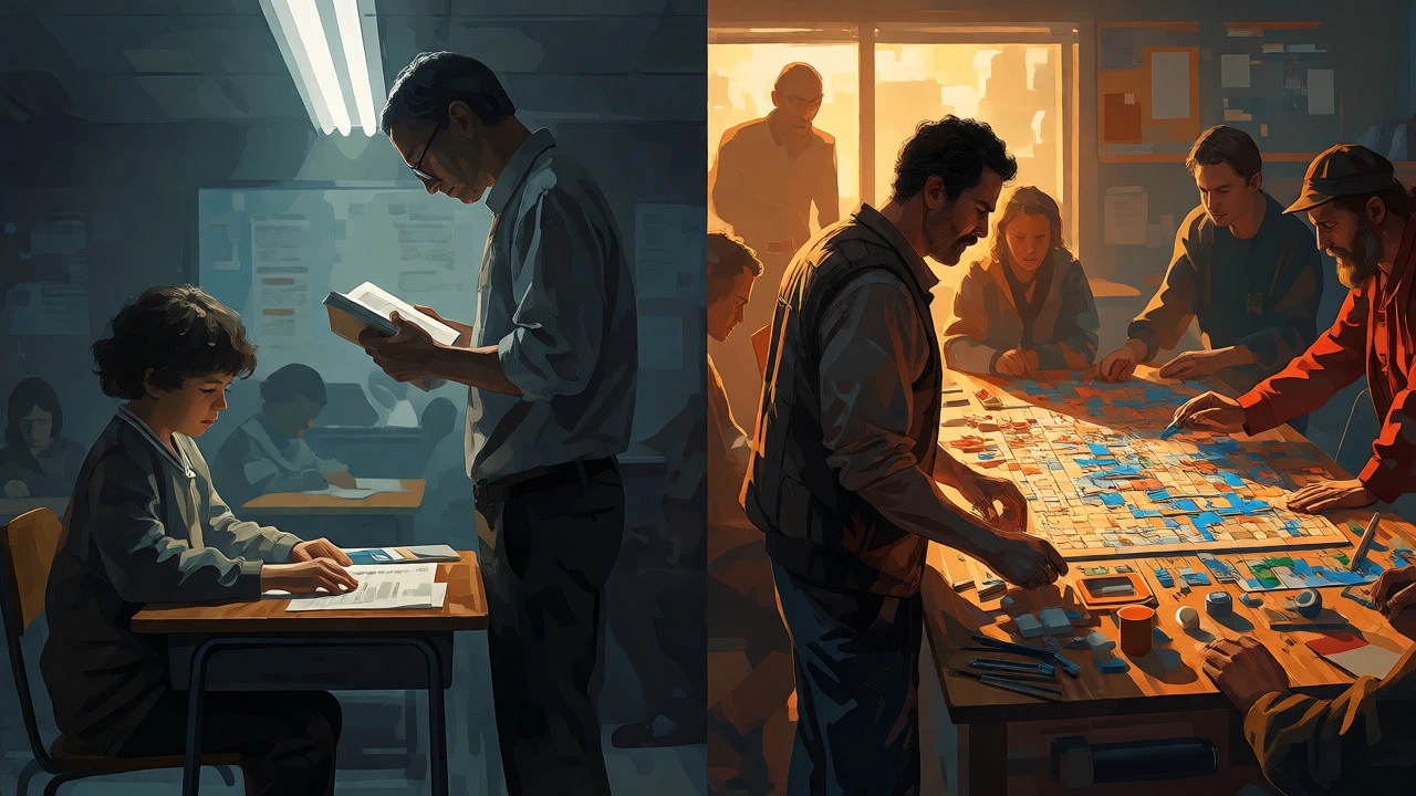 Split image comparing passive child learning with active adult problem-solving