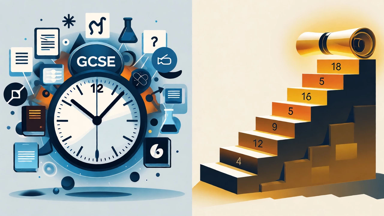 Split-screen comparison of UK GCSE vs US High School systems