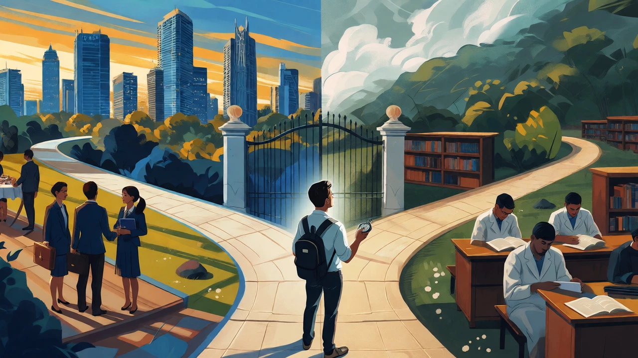 Student at a crossroads choosing between career-focused and research-focused paths.
