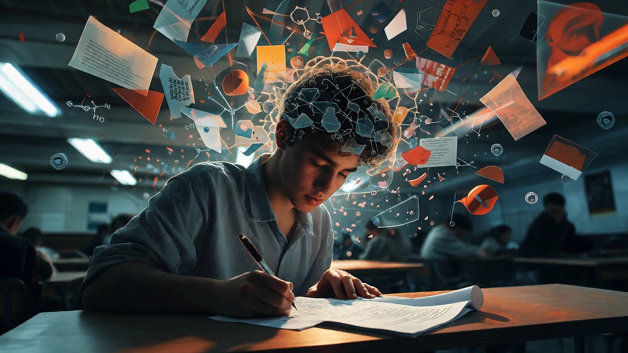 Student revising with mixed subject concepts swirling around them