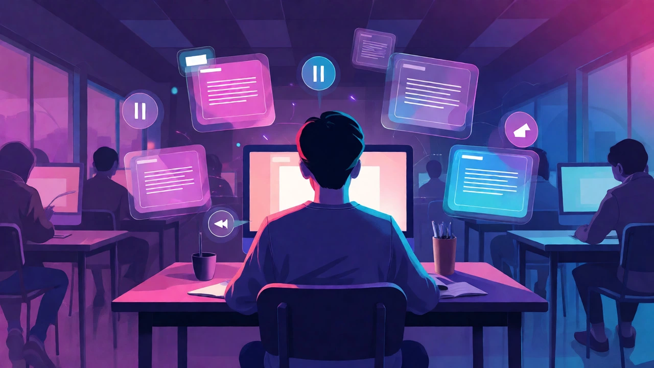 Student studying remotely with holographic icons representing flexible learning controls