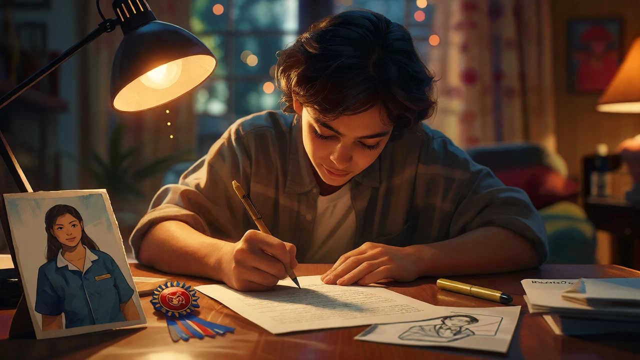 Student writing a personal essay at night surrounded by symbols of their life experiences.