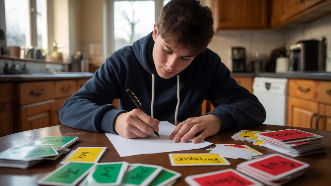 Teenager practicing active recall with flashcards and blank paper