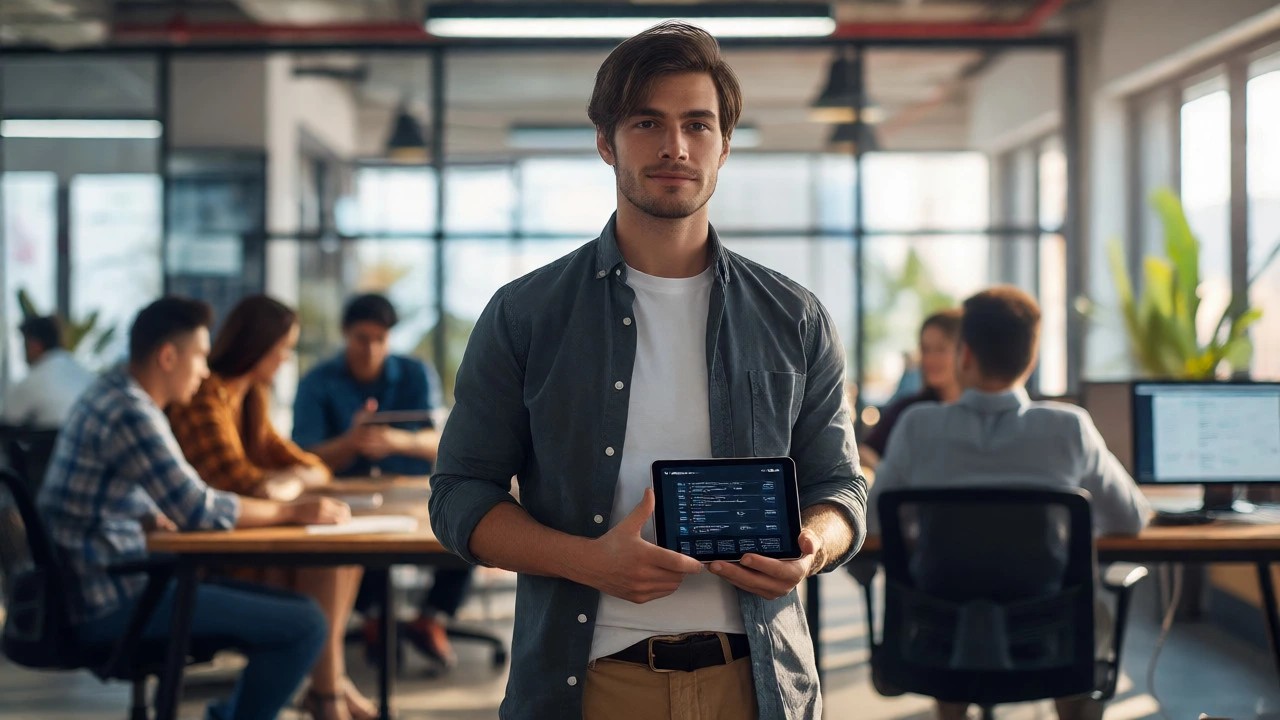 Young professional in an office holding a tablet, symbolizing job readiness